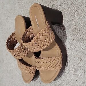 REPORT tan heeled sandals. Soft braided straps.  Chunky heel.  Size 6.